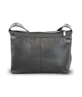 Black leather two-zip handbag with wide strap 212-4003-60