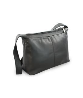 Schwarze Lederhandtasche mit doppeltem Reißverschluss und breitem Riemen 212-4003-60
