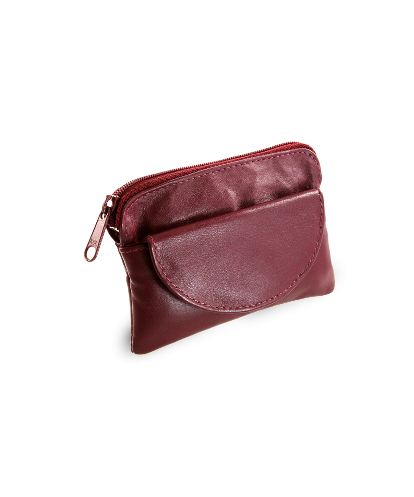 Burgundy leather keychain with zipper and flap pocket 619-0365-34