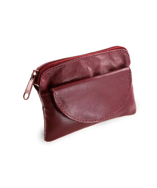 Burgundy leather keychain with zipper and flap pocket 619-0365-34