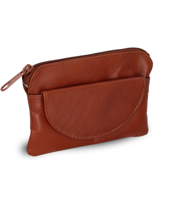 Brown leather keychain with zipper and flap pocket 619-0365-41