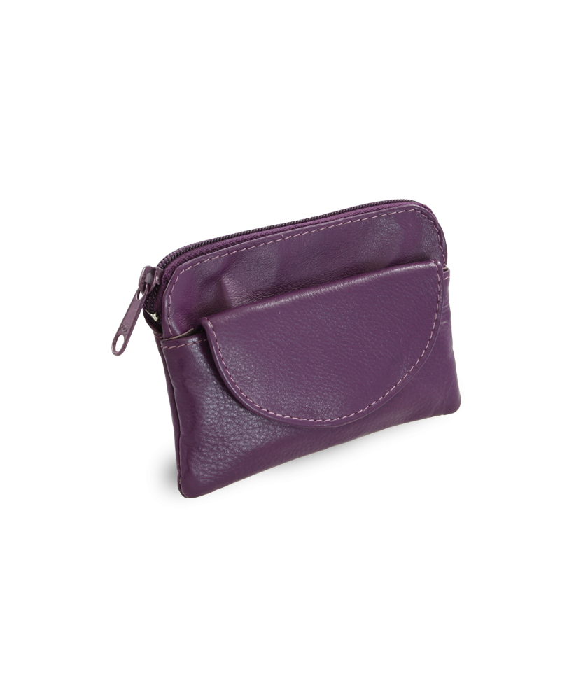 Purple leather keychain with zipper and flap pocket 619-0365-76