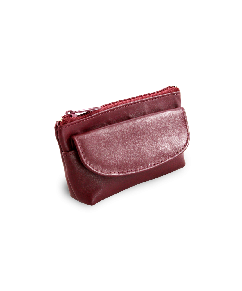 Burgundy leather keychain with zipper and flap pocket 619-0369-34