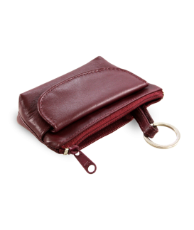 Burgundy leather keychain with zipper and flap pocket 619-0369-34