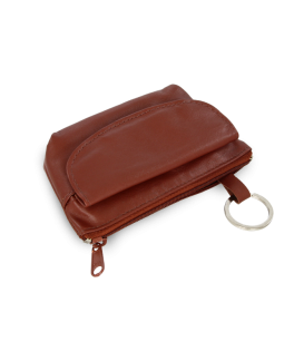 Brown leather keychain with zipper and flap pocket 619-0369-41