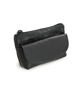 Black leather keychain with zipper and flap pocket 619-0369-60