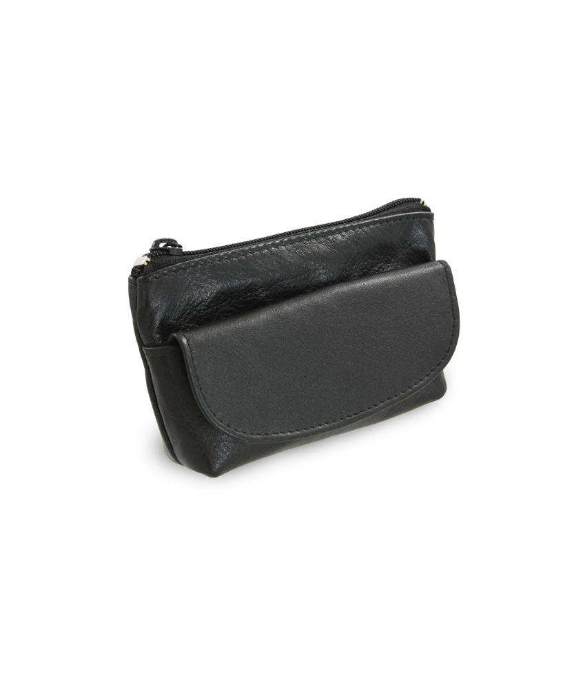 Schwarzer Schlüsselanhänger aus Leder mit Reißverschluss und Klappenfach 619-0369-60