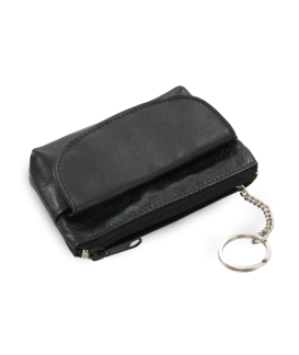 Black leather keychain with zipper and flap pocket 619-0369-60