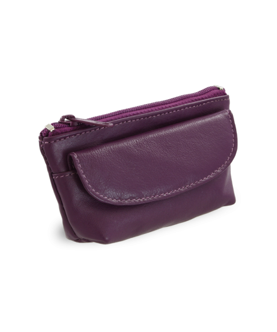 Purple leather keychain with zipper and flap pocket 619-0369-76