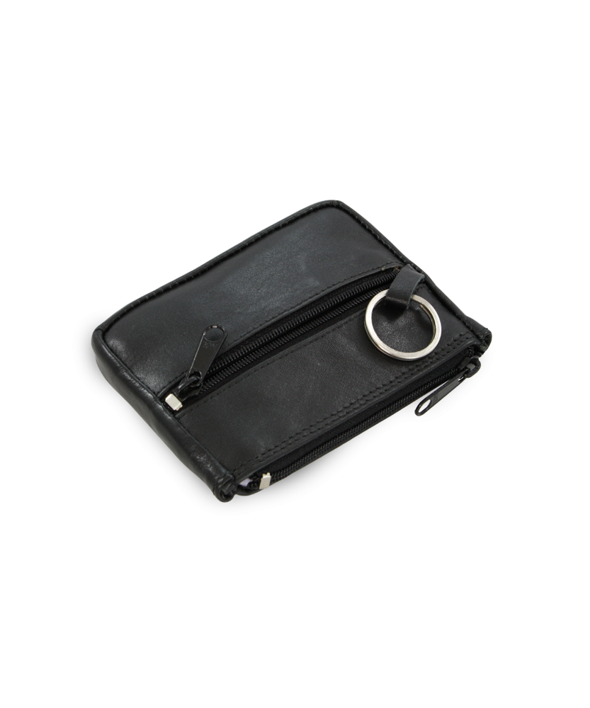Schwarzer Schlüsselanhänger aus Leder mit zwei Reißverschluss- und einem Klappfach 619-0373-60