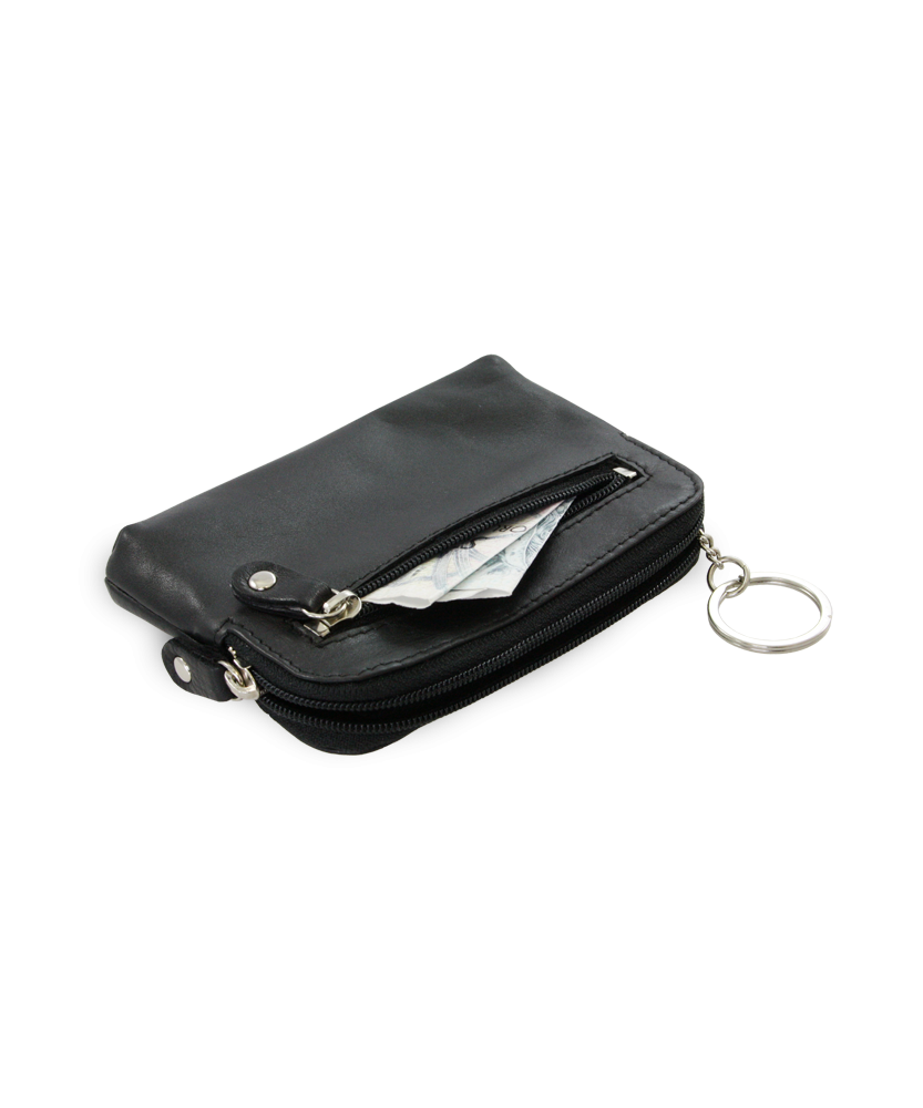 Larger black leather two-zip key chain 619-8104-60