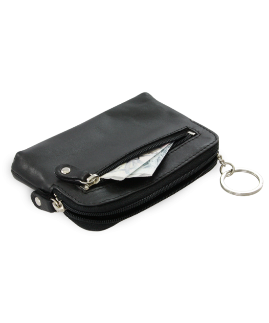 Larger black leather two-zip key chain 619-8104-60