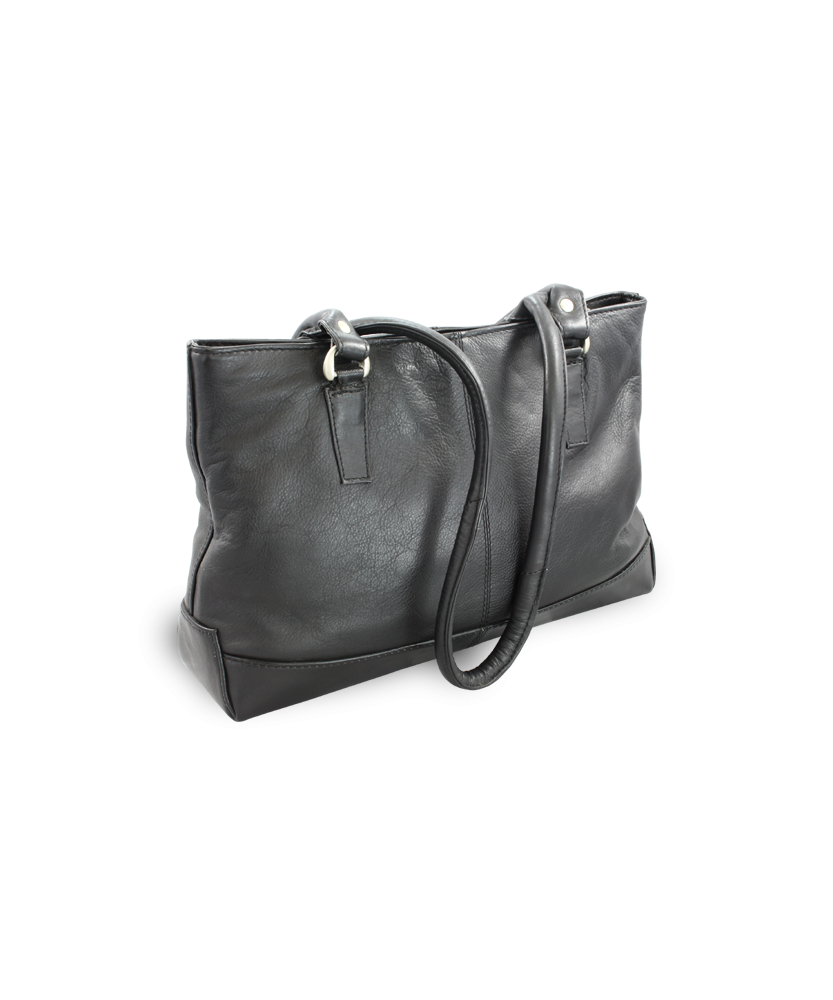 Schwarze Lederhandtasche mit Reißverschluss und zwei Riemen 212-2058-60