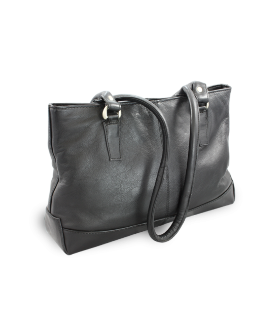 Black leather zipper handbag with two straps 212-2058-60