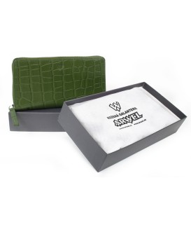 Dunkelgrünes Krokoleder Portemonnaie mit Reißverschluss für Damen 511-1306-55