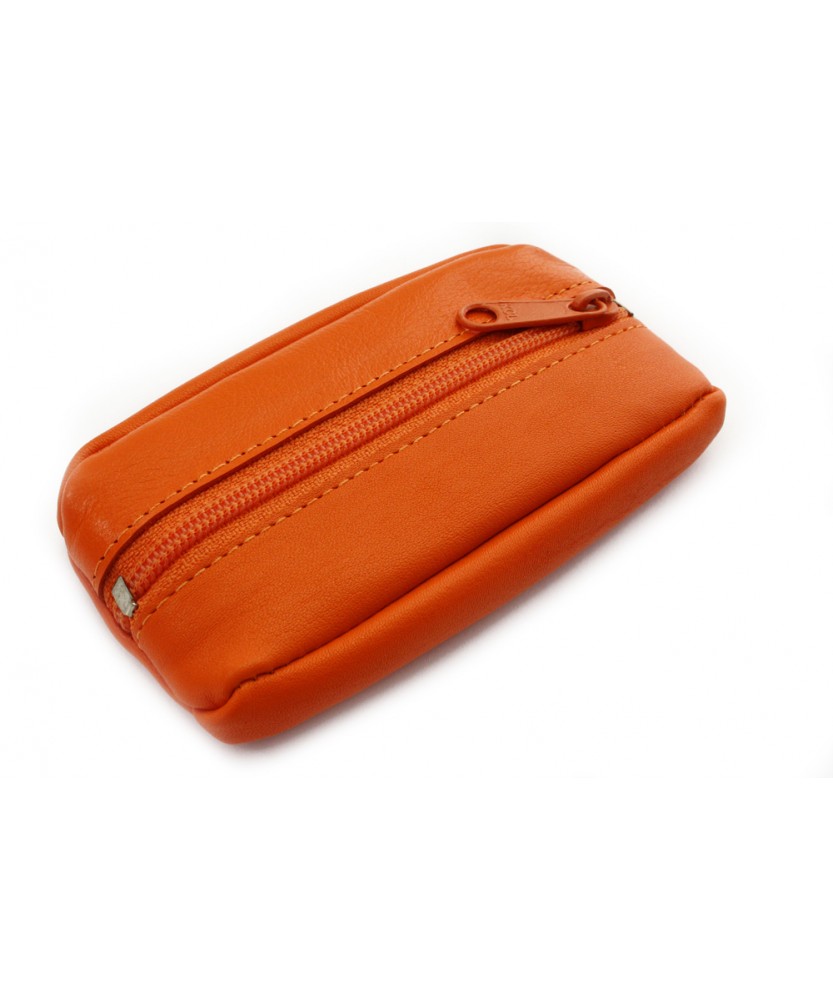 Orange leather keychain with a zip pocket 619-2418-84