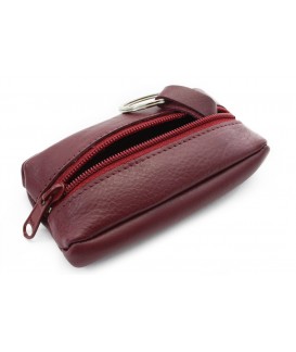 Wine-red leather keychain with a zip pocket 619-2418-34