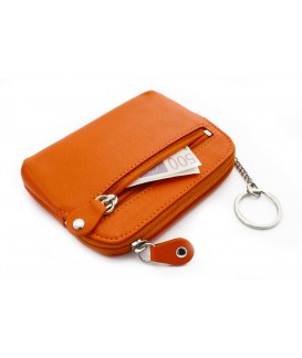 Größere orangefarbene Schlüsseltasche aus Leder mit doppeltem Reißverschluss 619-8104-84