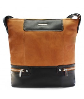 Cognac Schwarz Damen Reißverschluss Leder Handtasche 212-6933-05/60