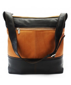 Cognac Schwarz Damen Reißverschluss Leder Handtasche 212-6933-05/60