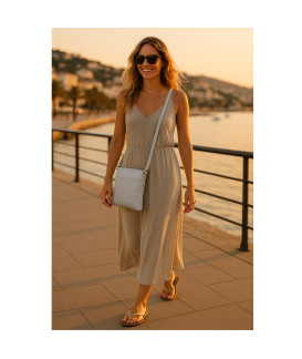 Hellgraue Mini-Handtasche aus Leder mit Reißverschluss 212-3013-20