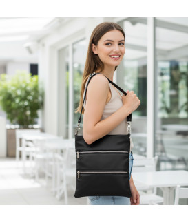 Black leather zipper handbag with strap 212-3066-60
