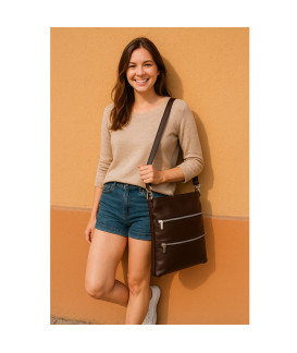 Dark brown leather zipper handbag with strap 212-3066-47