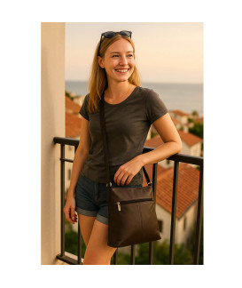 Braun-schwarze Lederhandtasche mit Reißverschluss 212-3015-60/40