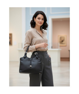 Black women's leather zippered handbag 212-7019-60