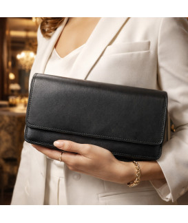 Black leather clutch bag with strap 214-4071-60