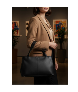 Black leather two-zip handbag with two straps 212-2092-60